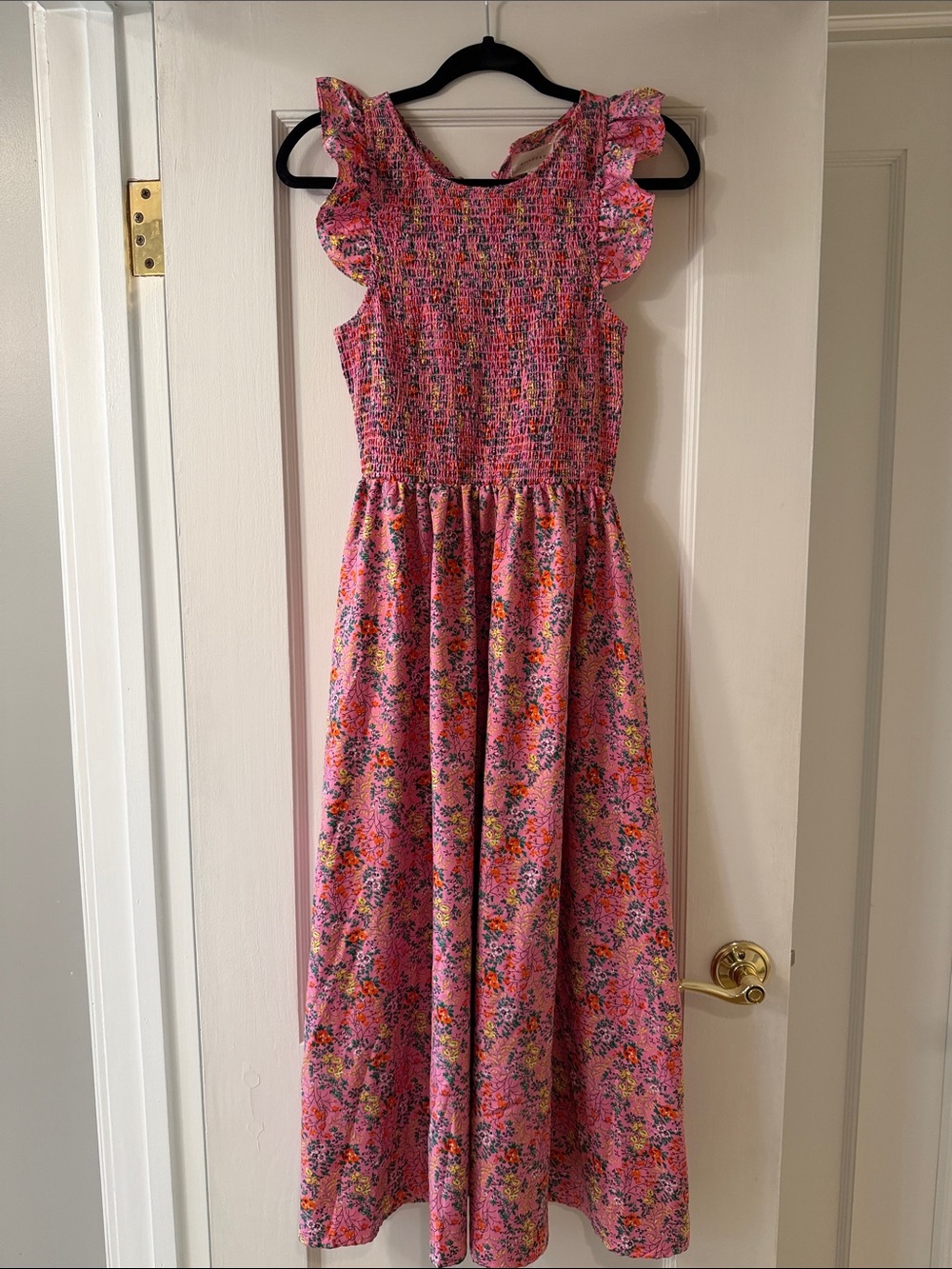 MELLODAY Pink Floral Maxi Dress with Ruffle Shoulders